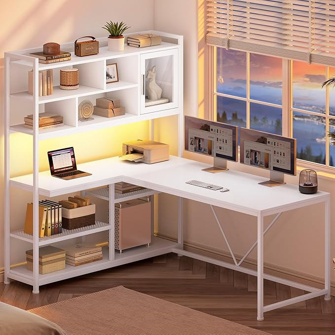 SEDETA L Shaped Computer Desk, 58'' Office Desk with LED Light and Bookshelf, L Shaped Corner Desk with Storage Shelves for Home Office, Gaming Desk, L Desk, White