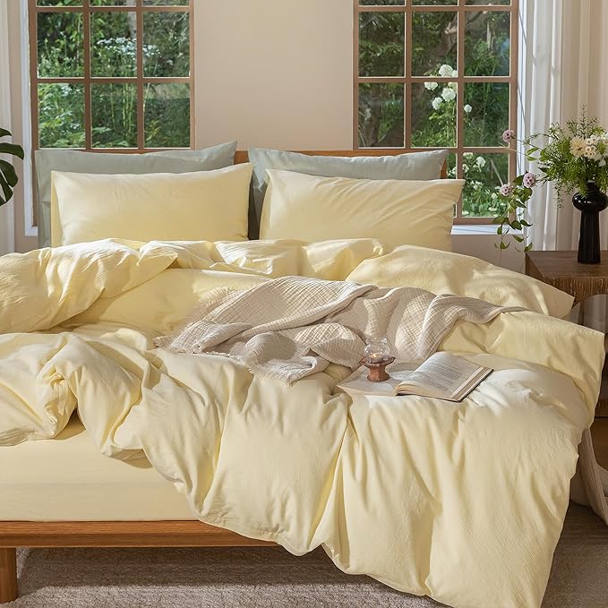 MooMee Bedding Duvet Cover Set 100% Washed Cotton Linen Like Textured Breathable Durable Soft Comfy (Heathered Butter Yellow, Super Queen 90"x98")