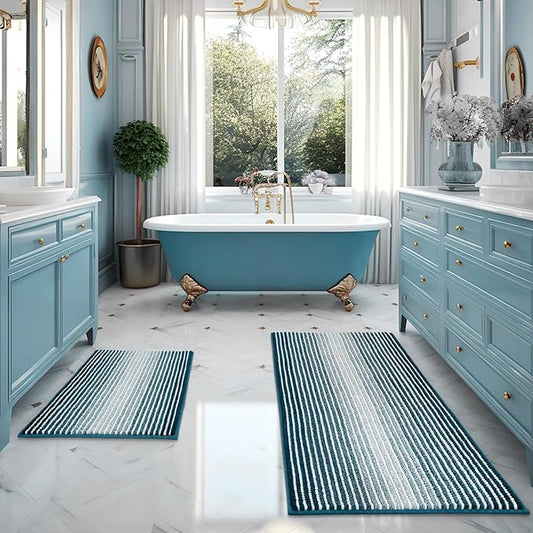 BSICPRO Bathroom Rugs Sets, 2 Piece Thick Absorbent Chenille, Non Slip, Soft Shaggy Bath Room Floor Mats, Machine Washable (20" x 47" Plus 16" x 24", Teal)