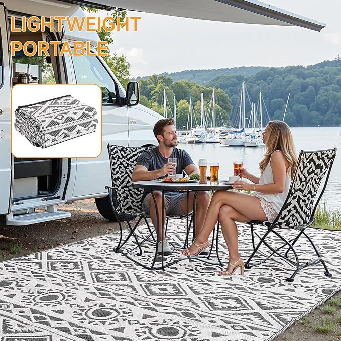 Outdoor Rug Waterproof 6x9 ft, Reversible Outdoor Plastic Straw Rug Patio Rug, RV Rugs for Outside, Outdoor Carpet for Patio Camping Deck Balcony Backyard, Black & Gray