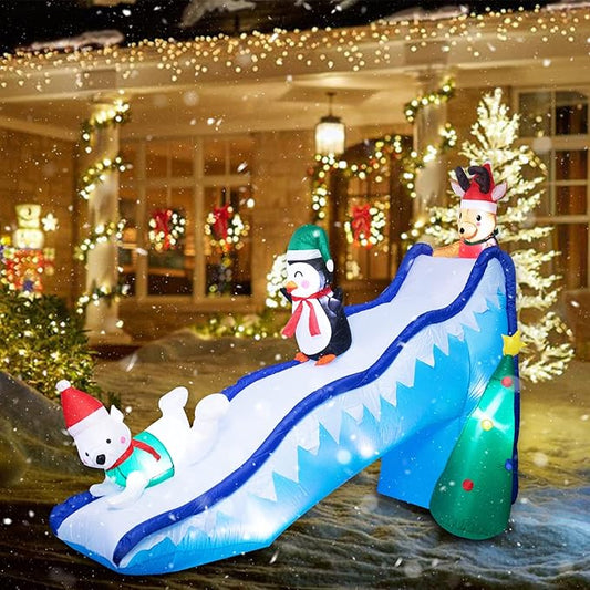 Bshine Christmas Inflatable Outdoor Decorations - 9.5 FT Christmas Inflatable Fun Slide Scene with Penguin Reindeer Polar Bear Blow Up Xmas Decorations with LED Lights for Lawn Garden Decor
