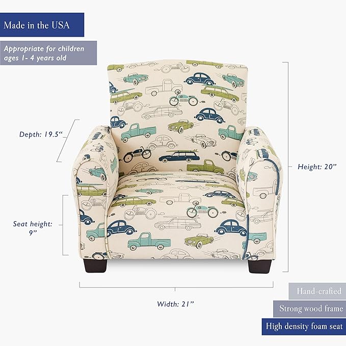 Toddler Personalized Armchair, Kids Upholstered Rocking Chair with Personalization, Toddler Chair with Personalized Name, Comfy Child Armchair, (Cars & Trucks Print, Legs)