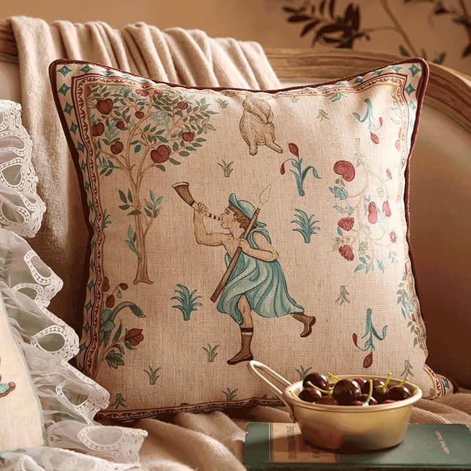 patdrea Designer Pack of 2 Square Throw Pillow Covers,Farmhouse Vintage Linen with Beige Ancient Idyll Pattern Pillows Cover,Decorative Pillowcases Cushion for Bed Living Room Outdoor Car,18"x18"