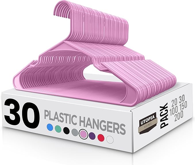 Utopia Home Plastic Hangers 30 Pack - Perfect Space Saving Clothes Hanger - Durable and Strong - Perfect Closet Organizers with Shoulder Grooves (Pink)