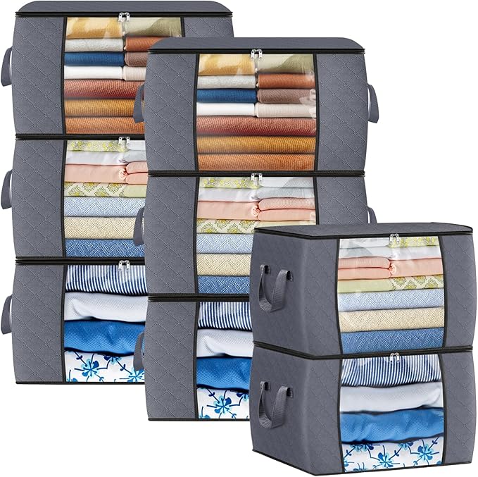 Fab totes 90L Clothes Storage, Foldable Thick Fabric Blanket Storage Bags, Containers for Organizing Bedroom, Closet, Clothing, Comforter, Organization with Handle (8 Pack,Grey)