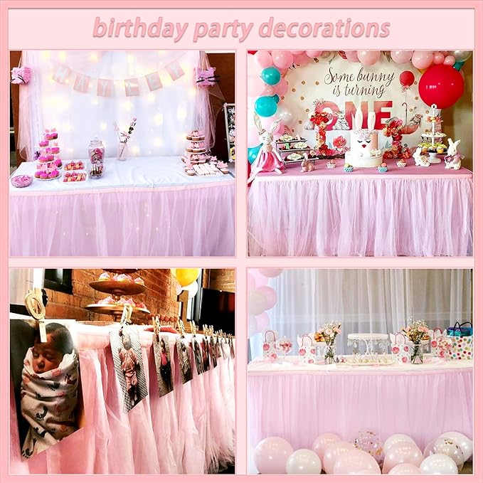 Suppromo 14ft Pink Table Skirt Tulle Tutu Tablecloth for Rectangle or Round Table For Birthday Party Baby Shower Wedding Decorations (L14(ft) H 30in, Pink)