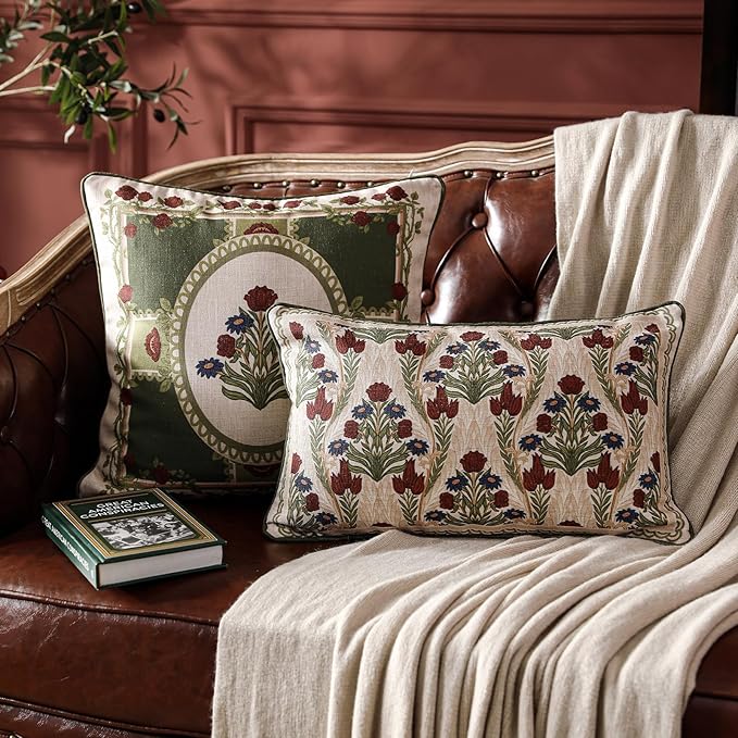 Design Linen Rectangle Throw Pillow Covers 12"x20" Pack of 2, Cottage Farmhouse Cushion Covers with Blue Grey Thorn Vine Pattern Decoration Pillowcases for Bed, Living Room, Outdoor, Car