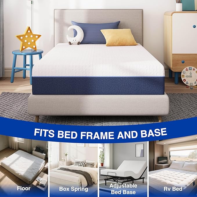 8 Inch Twin Gel Cooling Memory Foam Mattress, Pressure Relief, Medium Firm Support，Mattress in a Box, CertiPUR-US Certified