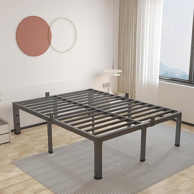 ROIL 12 inch King Size Bed Frame Metal Platform No Box Spring Needed with Headboard Hole Round Corner Legs Mattress Stoppers Retainers 3500LBS Heavy Duty Steel Slats Noise-Free