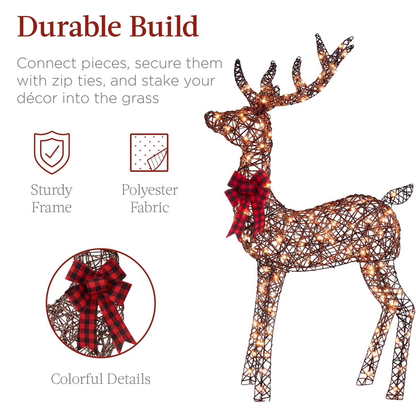 Best Choice Products 3-Piece Large Lighted Christmas Deer Family Set 5Ft Outdoor Yard Decoration with 360 LED Lights, Stakes, Zip Ties - Rattan