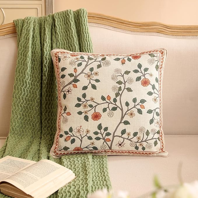 Design Linen Classic Throw Pillow Covers 18"x18" Pack of 2, French Farmhouse Square Cushion Covers with Orange White Floral Pattern Decoration Pillowcases for Bed,Living Room,Outdoor,Car