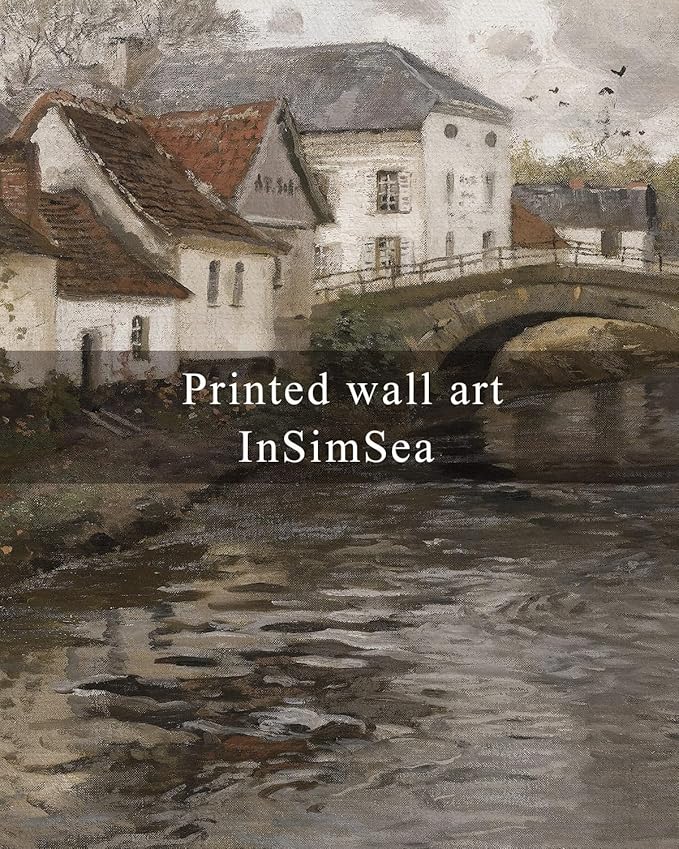 InSimSea Framed Canvas Wall Art Vintage Decor, Landscape Wall Art, Riverside Small Town Large Canvas Prints Home Decor, Rustic Farmhouse Wall Decor for Bedroom Living Room, 16"x24"