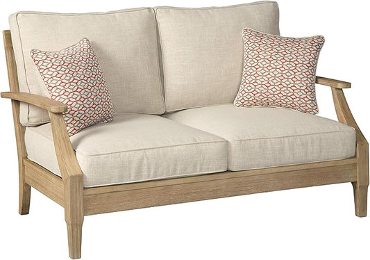 Signature Design by Ashley Clare View Coastal Outdoor Loveseat, Cushioned with Nuvella Fabric, Protective Finish, Eucalyptus Wood, 55.5" W x 35" D x 32" H, Beige