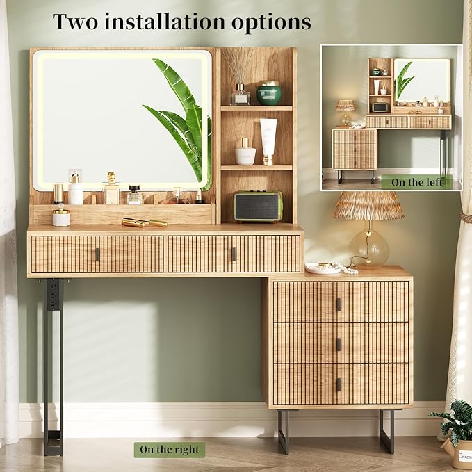 Large Vanity Desk with 3 Color Touch Screen Dimming Mirror, Vanity Desk with Charging Station, Modern Retractable Makeup Dressing Table, Makeup Table With storage shelves and 5 Sliding Drawers, Oak