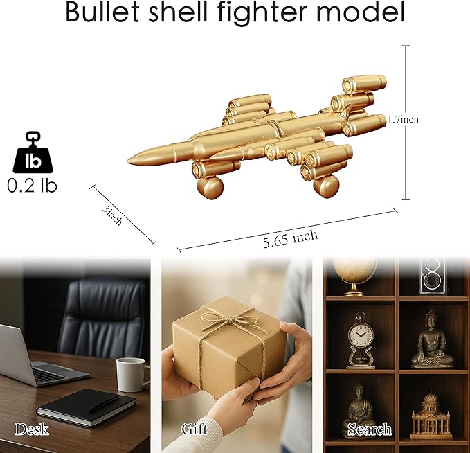 Bullet Shell Military Vehicle Sculptures - Handmade Tank, Airplane, Warship Metal Art Decor for Home, Office, Study Room for Men, Veterans (Fighter Model)