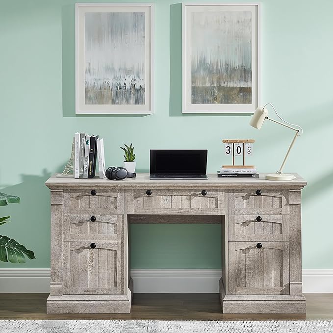 OKD 60" Executive Desk with Drawers, Farmhouse Home Office Desk with Charging Station, Keyboard Tray, File Cabinet Storage, Wood Computer Desk for Work and Study, Light Rustic Oak