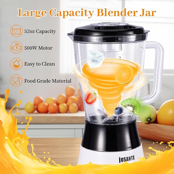 Kitchen Blender, 500W Countertop Blender with 52oz Plastic Jar for Smoothies Milkshake Desserts Nut Butter, Cocktails Sauces (White)