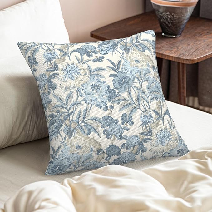 Blue Floral Spring Summer Rustic Flower Throw Pillow Covers 18x18 Inch Set of 2 Farmhouse Decorative Pillows Cover Vintage Country Cushion Case of Indoor Outdoor Sofa Living Room Bedroom