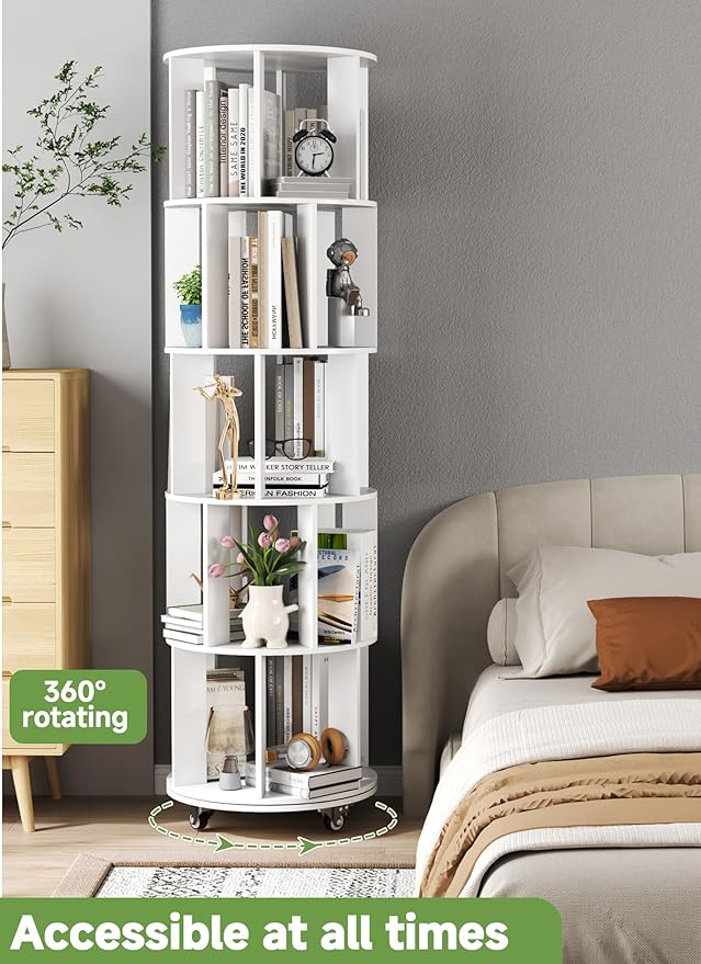 Baoz 5-Tier Rotating Bookshelf Tower, 360° Display Stackable Spinning Bookshelf with Wheels, Floor Standing Corner Revolving Bookcase, Rotating Book Shelf for Kids Rooms, Living Room, Bedroom - White