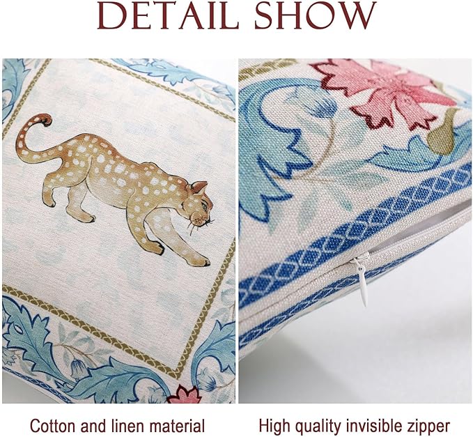 patdrea Designer Throw Pillow Cover for Couch 18"x18",Vintage French Linen Pillowscover with Cheetah Pattern and White Pendant,Farmhouse Decorative Pillowcases for Bed Living Room Outdoor Set of 2