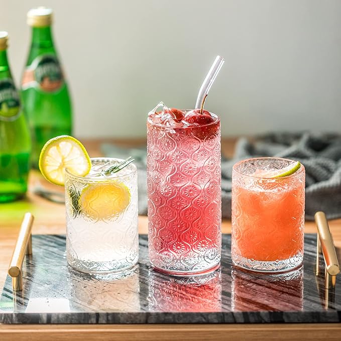 Glass Cups Vintage Glassware Set of 4, Drinking Glasses 9oz, Embossed Pattern Style Transparent Cocktail Glasses Set, for Ice Coffee,Juice,Beer,Bar Beverages,Drinkware, Transparent (S)