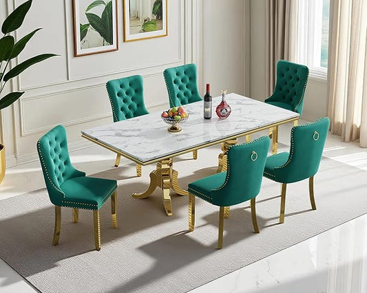 Goujxcy Faux Marble Dining Table Set for 6, Modern 7-Piece Dining Table Set with 6 Velvet Upholstered Chairs, 70" Large Long Faux Marble Kitchen Dining Room Table and Chairs with Stainless Steel Legs