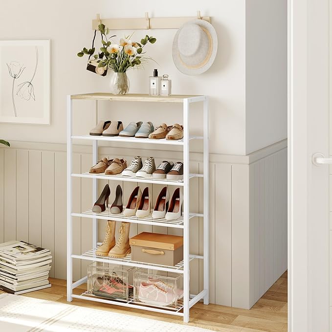 Yusong Shoe Rack Organizer, 6 Tier Industrial Shoe Storage Shelf, Narrow Sturdy Metal Shoe Shelves for Closet Entryway, Rustic Brown