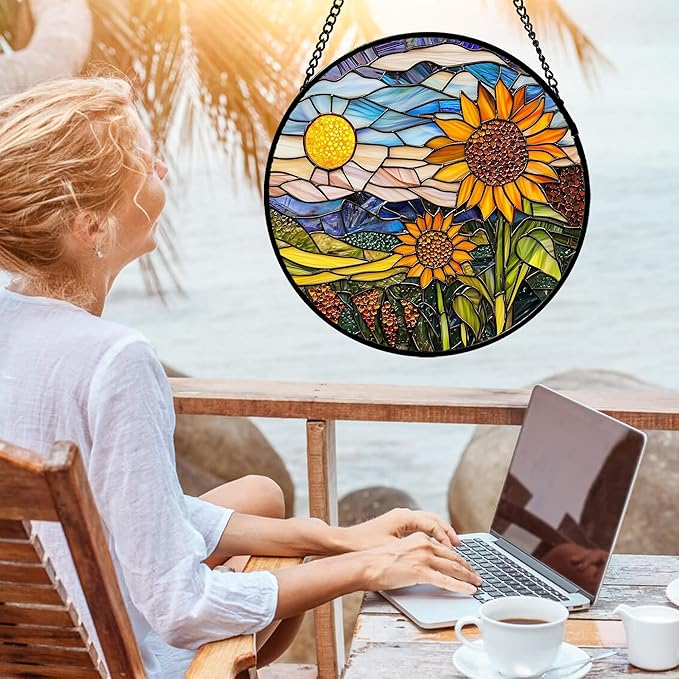 Stained Glass Suncatcher, Sunflower Flowers Landscape Sun Catcher Plant Mountains Stain Glass Window Hanging Decoration Mother's Day Birthday Gifts for Women Men Mom Nana 15 in