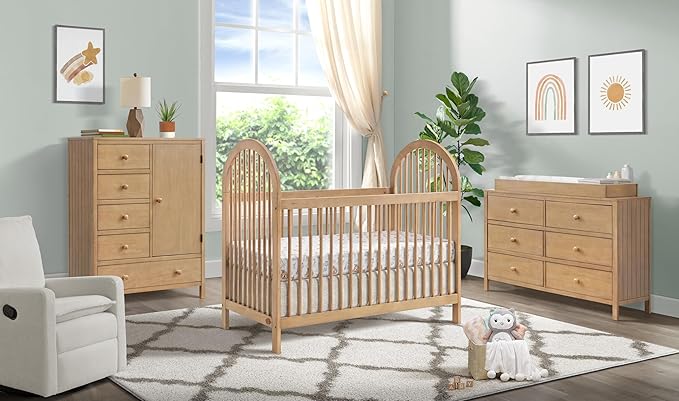 Oxford Baby 3 PC Nursery Set Everlee Modern High Arch 3-in-1 Convertible Island Baby Crib, Honey Wood Everlee, 6-Drawer Double Dresser, Honey Wood and Everlee Changing Topper for 6-Drawer, Honey Wood
