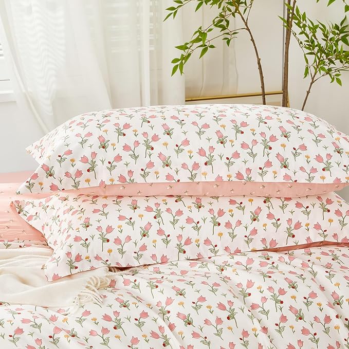 SAPHREAS Pink Bellflower Duvet Cover Set Full Size 3pcs Garden Style Blossom Floral Bedding Comforter Cover Set 100% Cotton 1 Duvet Cover 90"x80" 2 Pillow Shams, Comforter Not Included