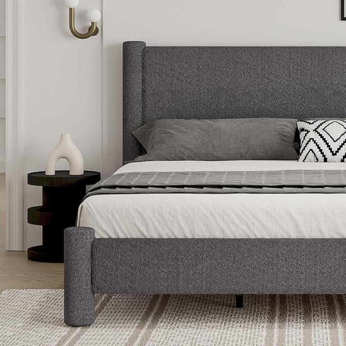 Twin Size Bed Frame, Boucle Upholstered Platform Bed with Headboard and Footboard, Soft Rounded Corners, No Box Spring Required, Easy Assembly, Dark Grey