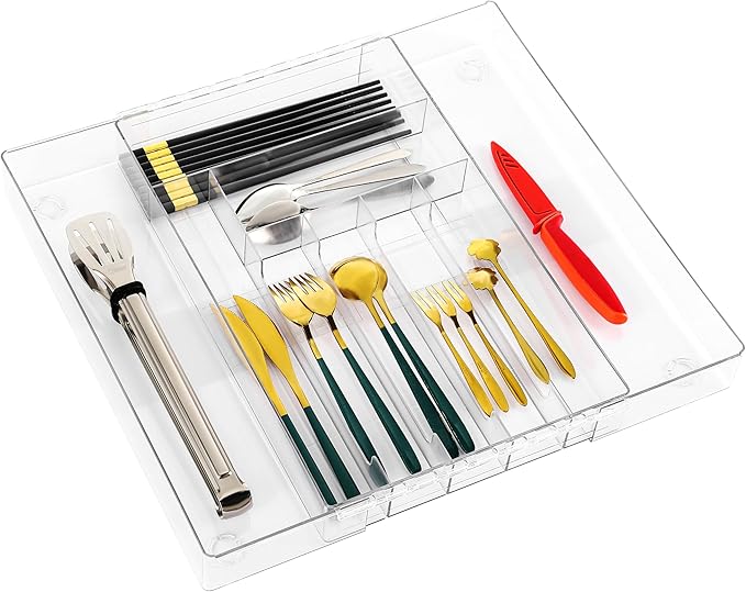 IEEK Utensil Organizer for Kitchen Drawers Expandable Flatware Organizer Utensil Tray Adjustable Cutlery Silverware Holder,Kitchen Drawer Organizer Tray for Knives,Forks,Spoons,Chopsticks,Clear-L