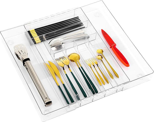 IEEK Utensil Organizer for Kitchen Drawers Expandable Flatware Organizer Utensil Tray Adjustable Cutlery Silverware Holder,Kitchen Drawer Organizer Tray for Knives,Forks,Spoons,Chopsticks,Clear-L
