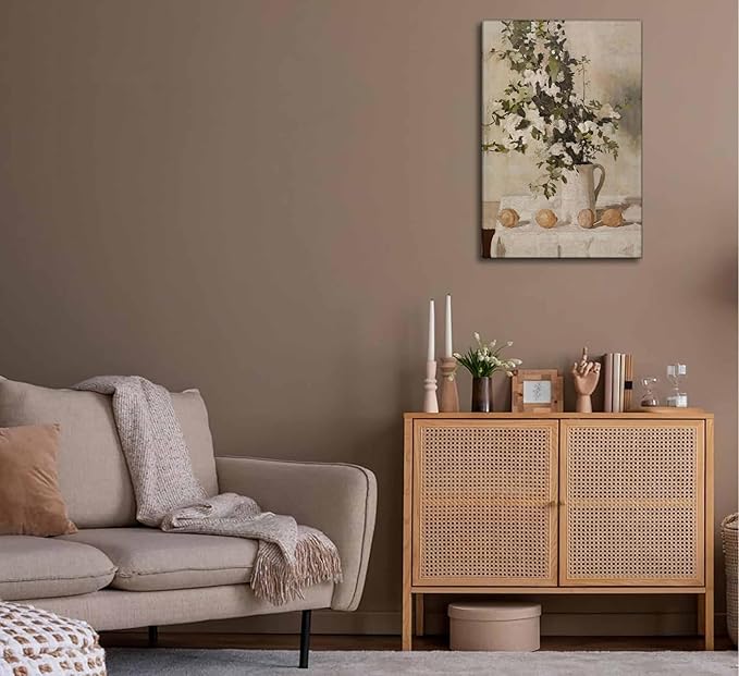 Farmhouse Kitchen Canvas Wall Art Vintage Country Neutral Rustic Muted Flower and Lemon Still Life Painting Picture Wall Decor Poster Print Artwork for Farm Dining Room Home Decoration