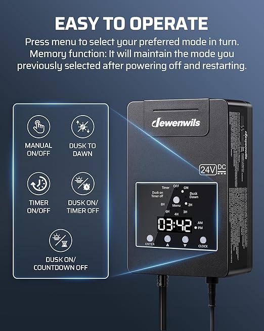 DEWENWILS 120W Low Voltage Landscape Transformer with Timer & Photocell Sensor, 120V AC to 24V DC Low Voltage Transformer, Weatherproof Landscape Lighting Transformer for Garden Lights Pathway Lights