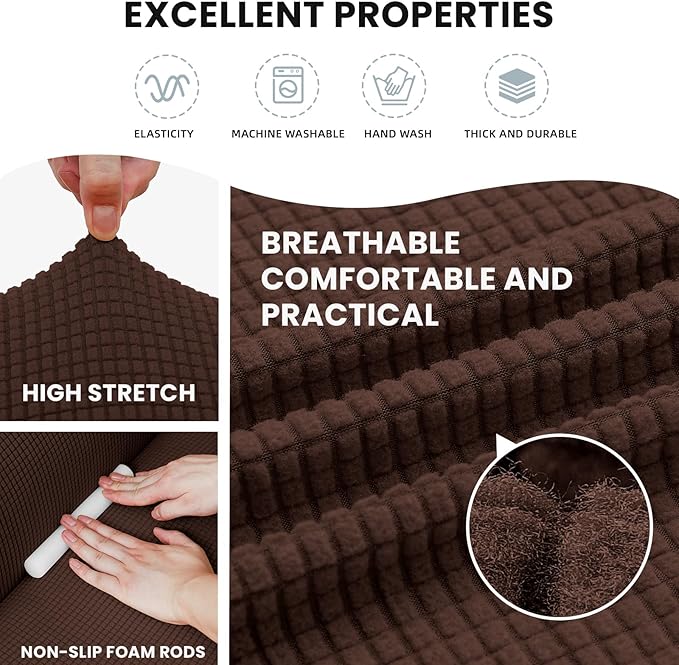 LURKA Stretch Sofa Slipcovers 1 Piece Couch Covers for 3 Cushion Couch Sofa Furniture Protector Full Sofa Covers with Elastic Bottom for Kids and Dog (Large, Chocolate)