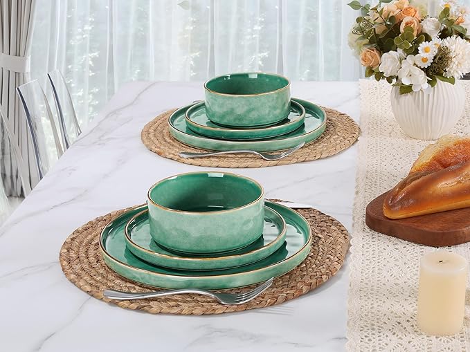 LIANYU Dinnerware Sets for 6, 18 Piece Plates and Bowls Dish Set, Ceramic Dinner Ware Dishware for Kitchen Dining, Microwave & Dishwasher Safe, Emerald Green