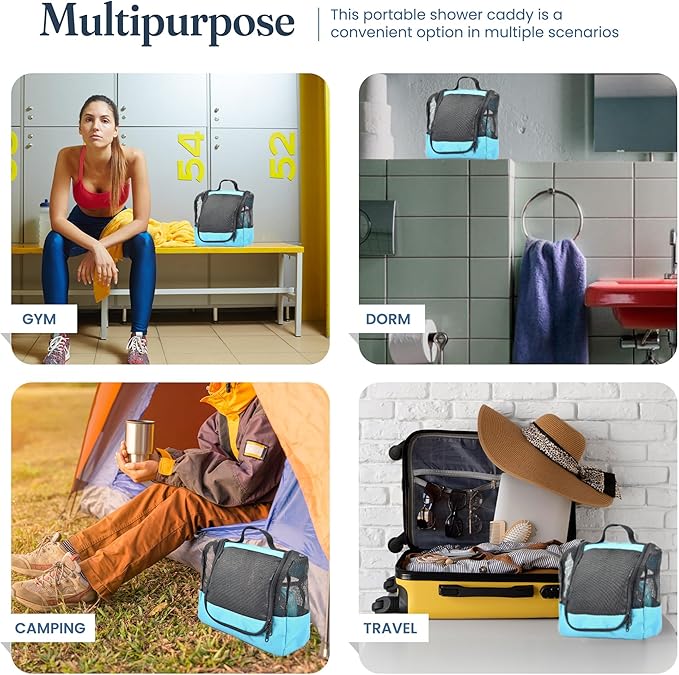 The Fine Living Co. Portable Hanging Shower Caddy Organizer Bag (Free Toiletries Case+Metal Hook) Quick Dry Mesh Shower Caddy Tote Bag Pouch For Bathroom College Dorm Camp Gym Camping 10”x4”x8”(Aqua)