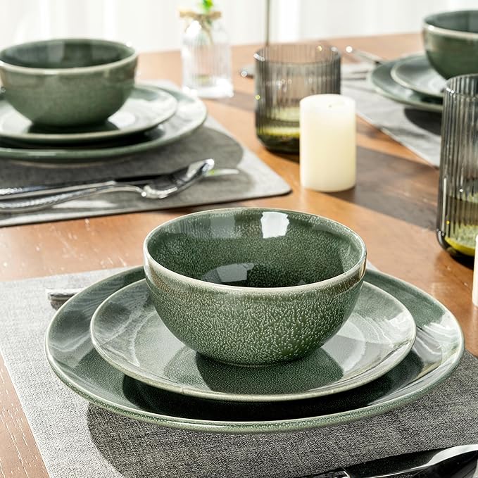 AmorArc Ceramic Dinnerware Sets for 8, 24 Pieces Handpainted Plates and Bowls Set, Scratch Resistant Stoneware Dishes Set, Dishwasher & Microwave Safe, Jade Green