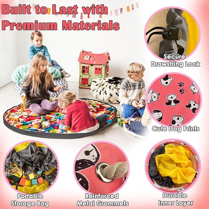 Pink Toy Storage Organizer and Play Mat Durable Big Foldable Cube Toy Dog Pattern Storage Toy Box for for and Toddlers, Room and Travel Toy Organizer