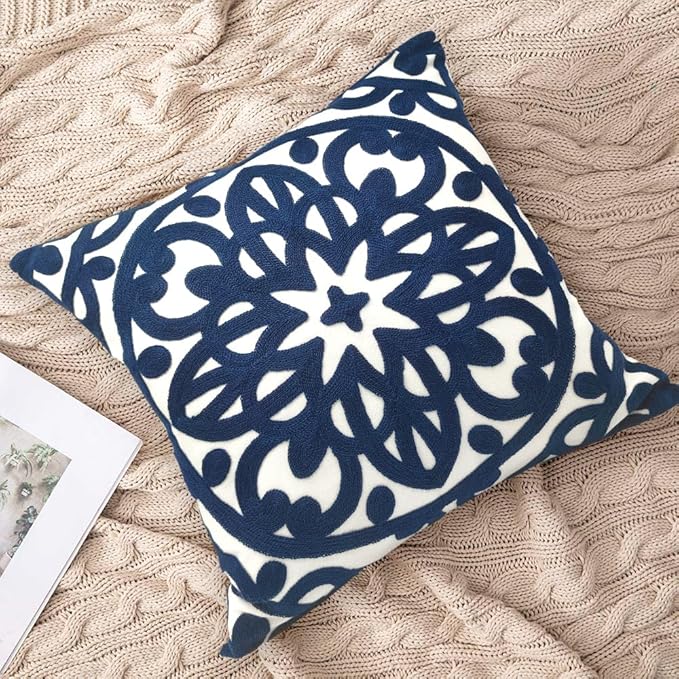 Alysheer Embroidered Decorative Throw Pillow Covers 18"x18" Set of 2 Pieces, Classic Boho Mandala Knit Pattern, Durable 100% Cotton Canvas Cozy Cushion Cases for Sofa Couch Living Room (Navy Blue)