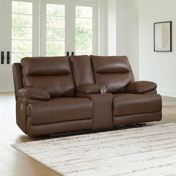 Signature Design by Ashley VonRyan Modern Leather Match Power Reclining Loveseat with USB Ports, Dark Brown