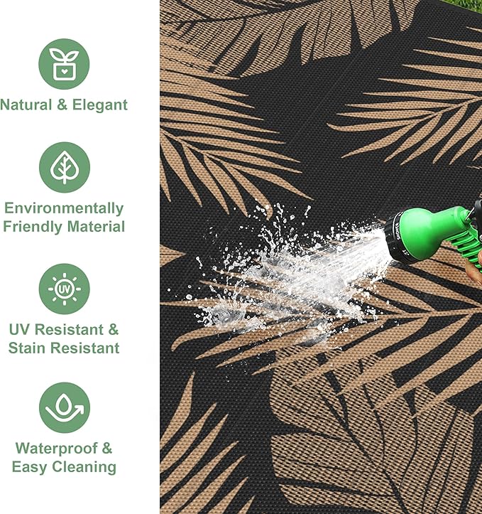 Outdoor Rug 10’x14’ Waterproof for Patio Clearance, Reversible Indoor Outdoor Plastic Straw Camping Rug Carpet, RV Mat, Large Area Rug for Deck, Backyard, Balcony, Porch, Beach, Black & Brown