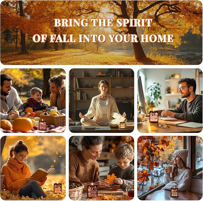 Fall Candles Set, 6 Pack Candles for Home Scented Natural Soy Wax, Autumn Gifts Set for Women Men, Fall Fragrance of Pumpkin/Cinnamon/Vanilla Cupcake/Apple/Harvest/Latte