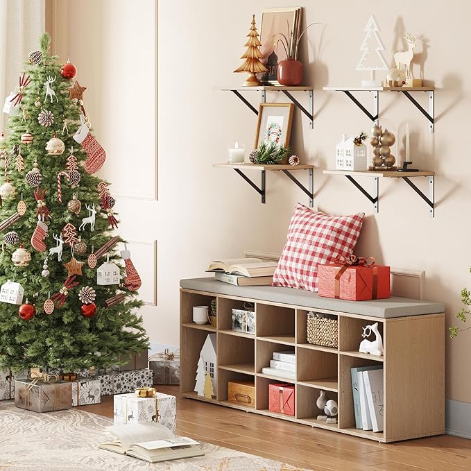 DINZI LVJ Shoe Storage Bench with Cushion, 15-Cubby Shoe Rack, Adjustable Shelves, Long Shoe Organizer Bench for Entryway, Mudroom, Hallway, Living Room, Bedroom and Garage, Natural