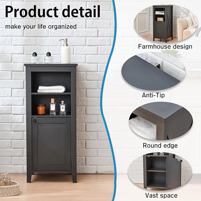 35.4" Tall Bathroom Floor Cabinet, 15.7" Wide Farmhouse Small Storage Cabinet with Door, Corner Floor Cabinet with Shelves, Organizer for Living Room, Kitchen, Black