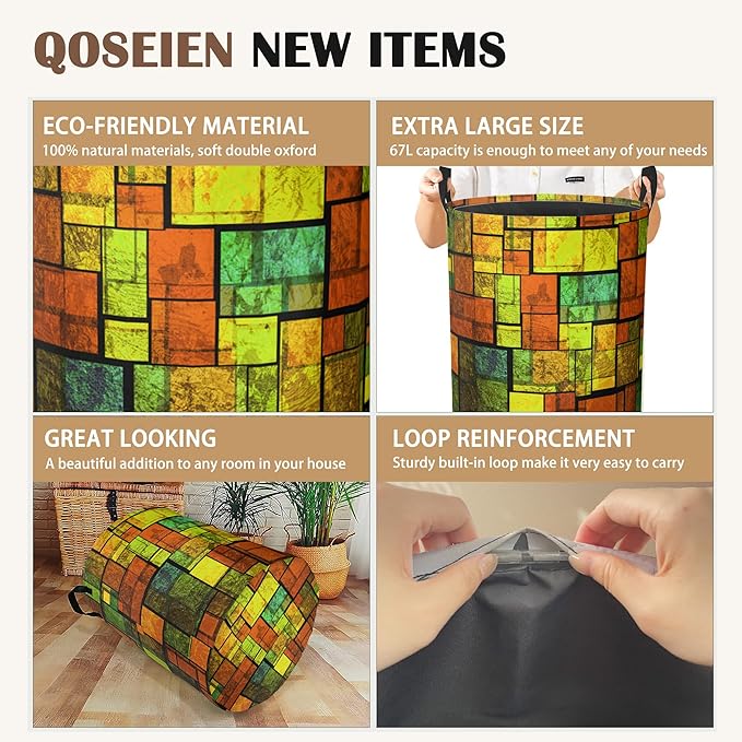 Laundry Basket,Colorful Stained Collapsible Laundry Baskets,Glass Wall Waterproof Oxford Hamper with Handles for Bathroom Bedroom Nursery Home Storage 16"x20"