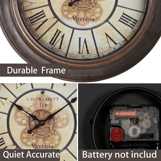 15 Inch Vintage Wall Clock, Silent Non-Ticking Quartz Battery Operated Decorative Clock for Home, Kitchen, Living Room, Dining Room, Office, Aged Bronze Roman Numerals