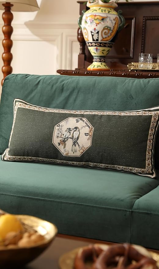 Design Linen Chinoiserie Lumbar Throw Pillow Covers 12"x28" Pack of 2, Farmhouse Cushion Covers with Yellow Floral Birds Pattern Decoration Pillowcases for Bed,Living Room,Outdoor,Car