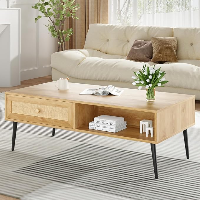 Farini Mid-Century Modern Coffee Table, 47 Inch Rectangle Console Table with Drawer & Shelf, Wooden Coffee Table for Living Room, Office, Nature
